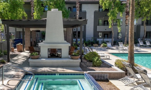 a pool in front of a building